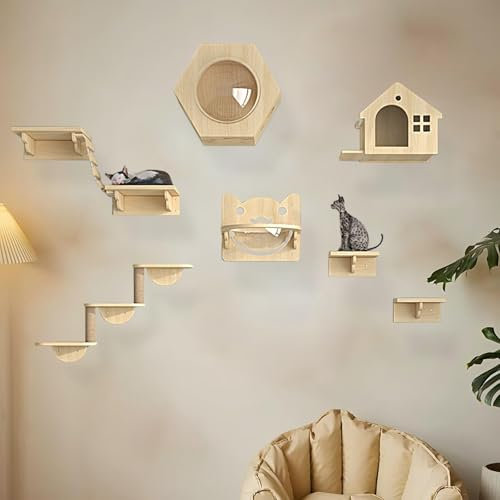 KEJIAWU Katzen Kletterwand Set, Katzenwandparkour, Katzen-Sprungplattform zum Spielen, Schlafen und Faulenzen Von Katzen, Platzsparende DIY-Katzen-Kletterwand zum Klettern(9PCS)