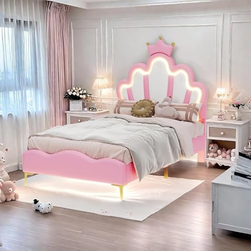 FEEOHOME Barnsäng för flickor, 90 x 200 cm, vadderad barnsäng med justerbar LED, prinsesssäng med kronformad sänggavel och ribbotten för barn och tonåringar, utan madrass