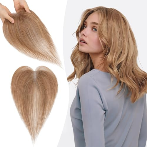 S-noilite Echthaar Toupets für Frauen Hellbraun - 9x12cm T-Sharp Haar Toppers Clip in Haarteile Echthaar mit Seitenpony 13 Gramm