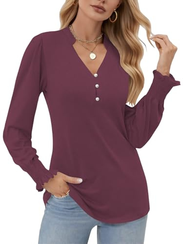 Cuptacc Chemise Femme Col en V Blouse Manche Longue Tunique Élégant Tops | Automne,Élégante,Décontracté,Classique,Henley,Basique,Plissée,Avec Boutons,Couleur Unie,Confortable,Quotidien