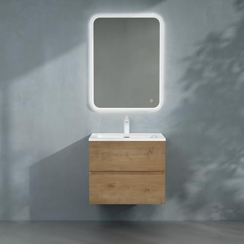 doporro Badmöbel-Set Waschbecken-Unterschrank mit LED-Spiegel Badezimmer | Wandhängendes Badmöbel-Set mit Mineralguss-Waschbecken, LED-Spiegel – elegant & pflegeleicht, 60x48x50cm, Kerneiche Aqualis