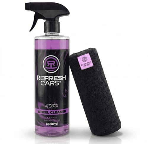 Refresh Cars Kit Limpia Llantas Coche y Moto (500ml) - Limpiador Desengrasante Potente Sin Ácidos. Elimina Ferodo, Grasa y Suciedad de la Carretera. Seguro para Aluminio y Cromados. INCLUYE BAYETA