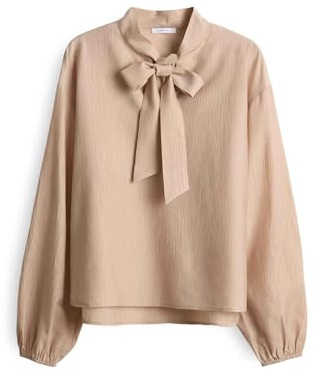 OPUS Damen Langarmbluse | FOMANTICA Regular Schluppenbluse in Crinklestruktur Macadamia, 34