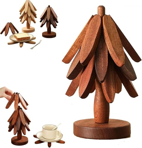 Topfuntersetzer Hitzebeständig,Untersetzer in Baumform,Topfuntersetzer Holz&Weihnachtsbaum Aufbewahrt,Faltbare hitzebeständige Pads für Küchenpfannen,Töpfe,Teekanne,Besteck,Tassen (Walnuss, 3 Stück)