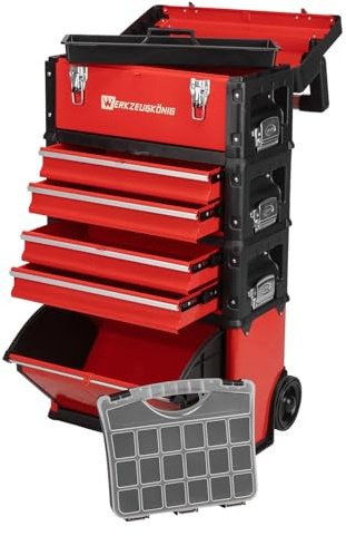 Werkzeugkönig Werkzeugtrolley 4 Teile Stahlblech Rot pulverbeschichtet - 1 Werkzeugkoffer, 4 schmale Schubladen, 1 großes Klappfach - gratis Kleinteilekoffer