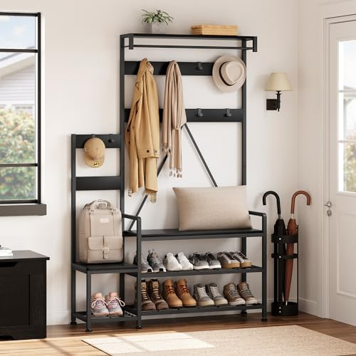 JOLLYTOP Coat Rack, Industrial Hall Tree with Shoe Storage Coat Rack Stand with 7 Hooks 5-in-1 Entryway Bench with Coat Rack for Hallway, Bedroom, Living Room, Black