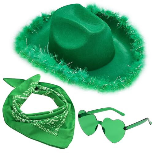 VorPrillynt Cowgirhut Hut Cowboy Hut für Damen Cowgirl Accessoires Filz Cowboyhut mit Herz Brille Rosa Bandana für Cosplay Party Halloween Mottoparty Karneval Kostüm Zubehör 5
