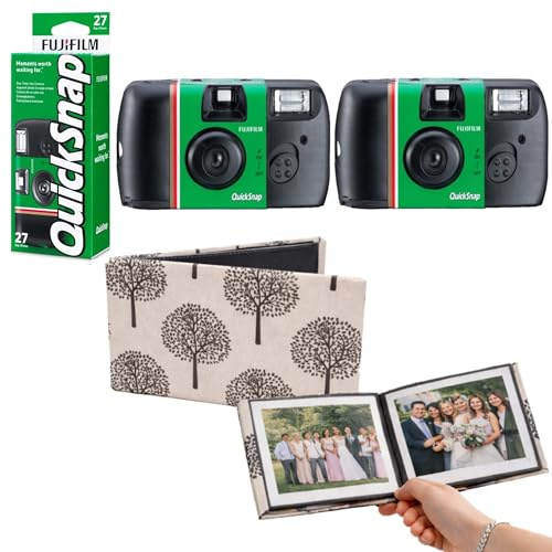 Fujifilm Quicksnap 27 Exposure Disposable Camera With Flash 400 ISO Speed Film Bundle – Includes 2 x Single Use Cameras, Complete With Premium Fabric Soft Woodland 36 Slot Photo Album Ready To Use