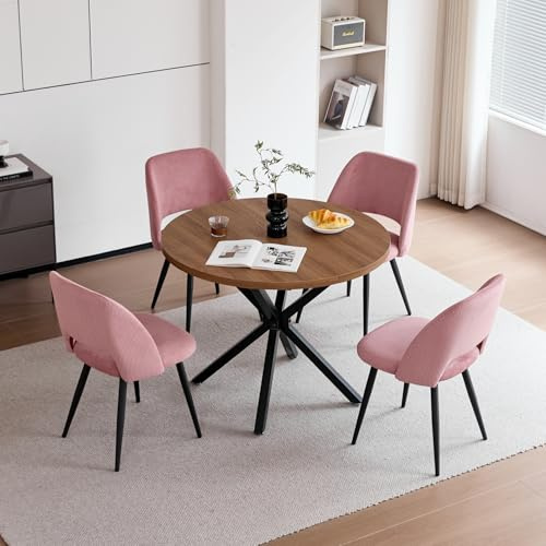 HJhomeheart Esstisch und Stuhlset, Runder Esstisch mit 4 stühlen aus Cord,Durchbrochener Gepolsterte Küchenstühle,100cm Runder Esstisch,Küchentisch mit Stühlen,für Esszimmer,Küche(Dunkel + Rosa)