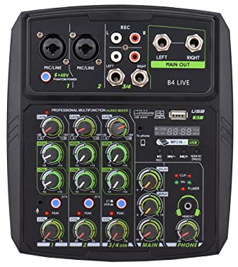 Domary Mélangeur Audio 4 Canaux Console de Mixage Audio Mélangeur de Son 4 Entrées USB BT Carte Son Écran LED EQ 2 Bandes Gain Retard Répéter L'enregistrement Alimentation Fantôme (Prise UE)