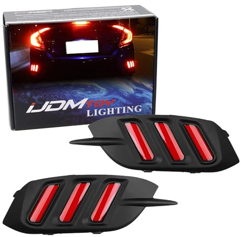 iJDMTOY JDM Style Red Lens LED Bumper Reflector Lamps Compatible With 2016-2021 Honda Civic Sedan, Function as Tail, Brake & Rear Fog Lights