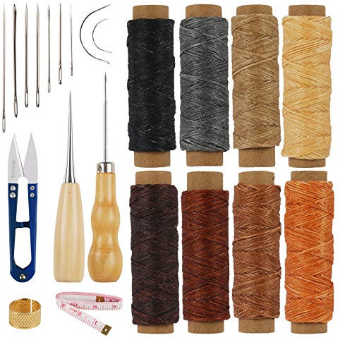 CHIFOOM 22stk Leder Nähen Werkzeug Wachsfaden Wachsgarn Gewachst Sattlergarn Ledernähset Hand Ledernadeln Nähzubehör für lederhandwerk DIY Sewing Craft Hand Nähen