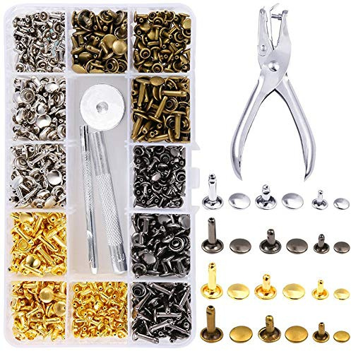 Generic Leder, 360 Set Doppelkopf Lochzange 3 Größen Doppelkappe Niet für Schuhkleidung Lederhandwerk DIY-Projekte (4 Farben)