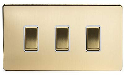 Soho Lighting Brushed Brass Gold 3 Gang Light Switch with 1 Intermediate (2 x 2 Way Switch with 1 Intermediate) Wht Ins Screwless