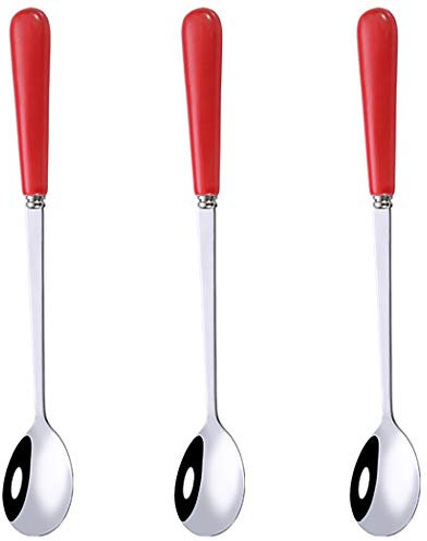 Goeielewe 3 cucchiaini da mescolare per caffè, dessert, gelati, frappè, in acciaio inox ghiacciato con manico in ceramica, cucchiai da cocktail espresso, 15,8 cm (rosso)