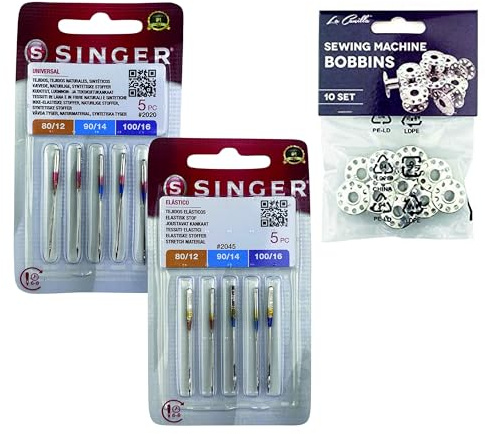 Singer Universal-Nähnadeln, Baumwolle und Strickstoffe, elastisch und Lycra 2020 und 2045, System 130/705 H (einseitig flach) HAx1 und H-S + Metallringe