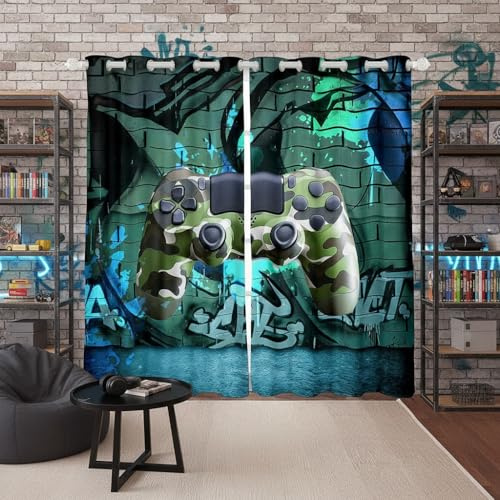 feelingyou Teens Gamepad Fenstervorhang 175x140cm Camouflage Game Console Fashion Vorhänge für Jungen Mädchen Gedrucktes Hip Hop Graffiti Gardine 2er-Set Fenster Vorhänge,Guter Schattierungseffekt