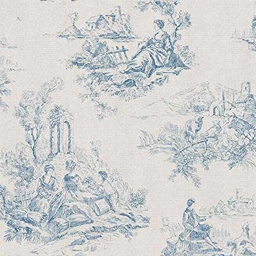 Toile De Jouy Wallpaper Linen Effect Blue Light Grey Country Scene Classic | With a vintage finish, ideal for a traditional feature wall in a bedroom, dining room or living room, 32cm offset match