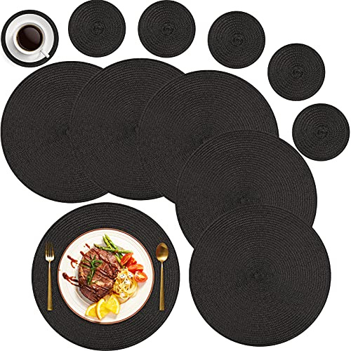 MI CASA Runde Tischsets Abwaschbar 6er Set Platzsets mit Untersetzer, 34cm Gewebte Hitzebeständige Platzdeckchen, Platzteller rutschfest für Küche Geburtstags Party Weihnachten Abendessen - Schwarz