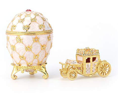 QIFU Hand Painted Easter Egg Decorative Enamel Trinket Box with Mini Carriage(QF5467)