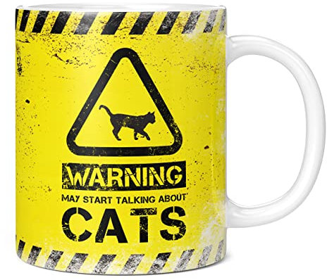 Mug Monster - Warning May Start Talking About Cats Funny Gift Mug - Ceramic Coffee Cup, Gift for Men or Women, Extra Large and Giant Available, 11oz White