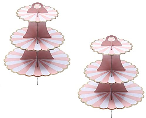CHUANGOU 2 PCS Alzata Torta，3 Livelli Alzata Cupcake in Cartone，Adatto per La Festa di Matrimonio, Compleanno, Baby Shower, Torta, Torta da Dessert（Rosa Bianco）.