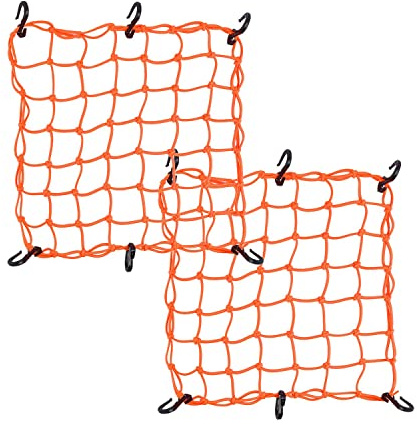 Small Cargo Net 15x15 Stretches to 30x30 with Thicken Hooks | Natural Latex Core, Tight 2”x2” Mesh Heavy Duty Bungee Net for Motorcycle Helmet, Bike, ATV, UTV, Luggage (Orange, 2pc)