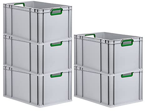 PROREGAL SuperSparSet 5x Eurobox NextGen Color | HxBxT 32x40x60cm | 65 Liter | Griffe grün offen | Verstärkter Boden | Eurobehälter, Transportbox, Transportbehälter, Stapelbehälter