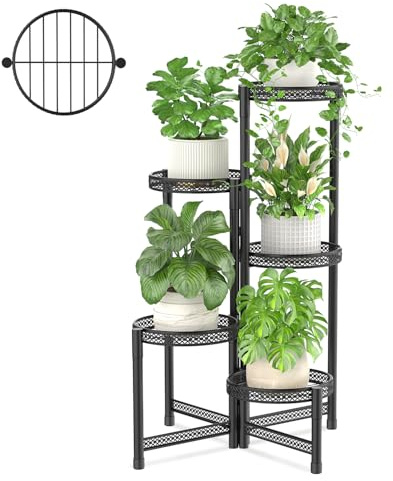 iDavosic.ly Support de plantes en métal à 5 niveaux pour intérieur et extérieur, étagère d'angle pliable pour plusieurs plantes, support de pot de fleurs en fer forgé pour salon, jardin, terrasse