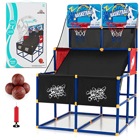GYMAX Jeu d'Arcade de Basket-Ball pour Enfants avec 2 Panneaux de Fond | Arcade de Basket-ball à Double Tir avec 4 Ballons de Basket et 1 Pompe de Gonflage, Basket-ball Intérieur pour Enfants