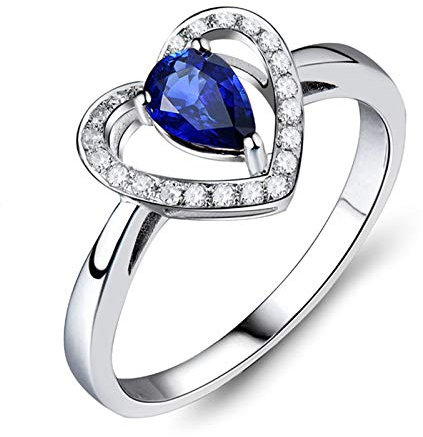 Lieson Verlobungsring Weißgold 750 18K, Hochzeit Ring Damen Hohl Herz 0.55ct Tropfen Saphir mit 0.11ct Diamant Freundschaftsringe Weißgold Große 51 (16.2)
