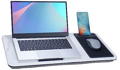 Baoee Escritorio grande de mármol blanco, bandeja portátil con cojín de almohada para hasta 17 pulgadas, con ranura, alfombrilla para mouse, ideal para el hogar y la oficina