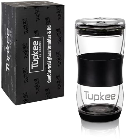 Tupkee 20 oz dubbelvägg glaskumlare med lock – helt glas återanvändbar isolerad handblåst glas resemugg – för kaffe, te, boba, iskaffe och smoothie kopp att gå – svart, XL-20-SVART
