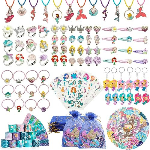 170pcs Meerjungfrau Party Mitgebsel Kindergeburtstag, Kindergeburtstag Mitgebsel set,Give Aways Kindergeburtstag Mädchen mit Meerjungfrau Schlüsselanhänger,Ringe,Halsketten, Ohrringe,Haarnadeln