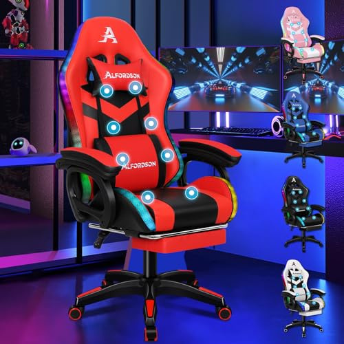 ALFORDSON Gaming Stuhl Gamer Stühle RGB LED Racing Gamer-Stuhl PC-Gaming-Sessel Massage Bürostuhl ergonomisch Fußstützen, Schreibtischstuhl, Neigungswinkel 90-150°,180 kg belastbar, Rot