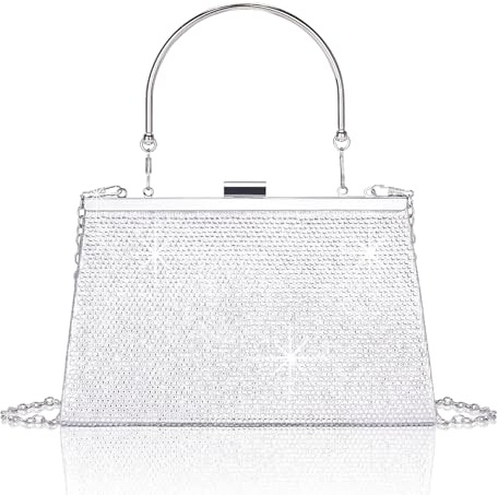Larcenciel Pochette Donna, Glitterata Borsa da Sera Borsa Tracolla Donna in Strass Argento con Catena, Elegante Borsa Donna con Manico Superiore per Prom, Feste, Matrimoni, Cocktail, 25x11.6x7cm