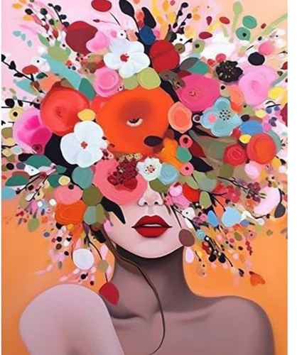 vooiceofco Pintar por Numeros Adultos, DIY Pintura por Números, Kit de Pintura al óleo de Lienzo DIY para con Pinceles, Pigmento Acrílico 40 x 50cm,Flor y mujer 02