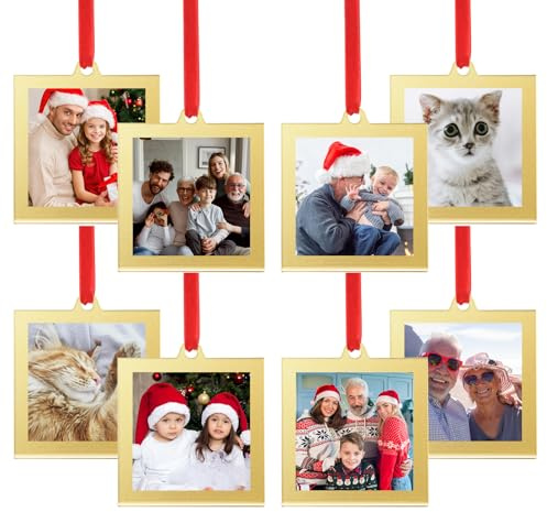 UNIQOOO 8 Pcs Christmas Acrylic Gold Photo Frame Ornaments for Display Picture, 2.5 x 2.5 inch Festive Hanging Decoration, Double-Sided Picture Frames for Holiday Season, Home, Party, Xmas Tree Decor