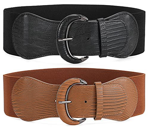 JasGood 2 Stück Damen Breiter Elastischer Taillengürtel Vintage Gürtel Hüftgürtel für Frauen Kleider,Schwarz/Braun,112cm(Für Taillenweite 106cm-120cm)
