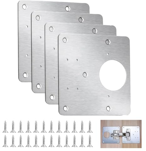 4Pcs Hinge Repair Plates, Cabinet Hinge Repair Kit with 24 Screws, Stainless Steel Kitchen Door Hinge Repair Plate for Kitchen Cupboard Door Wardrobe Wood Furniture, Easy to Use