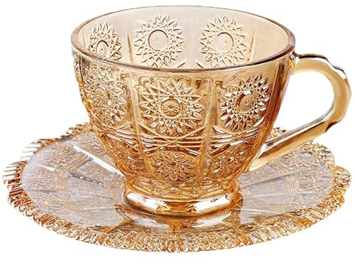 CIYODO Set Tazze Da Caffè e Tè Vintage in Vetro Piattini Ambra, Design Elegante Manico Comodo, Per Degustazione Tè Pomeridiana e Regalo Famiglia Amici