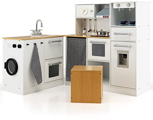 COSTWAY Kinderküche mit Hocker & Spielzubehör, Eck Spielküche mit Licht und Sound, Holzküche Spielzeugküche für Kinder ab 3 Jahren