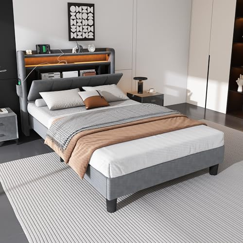 Merax 3FT Single Bed Frame, Upholstered Storage Bed, Lower flap door storage, With LED light strip, 3 USB port+1 Type C, For adults & teenagers, Grey/Velvet, 90x190 cm
