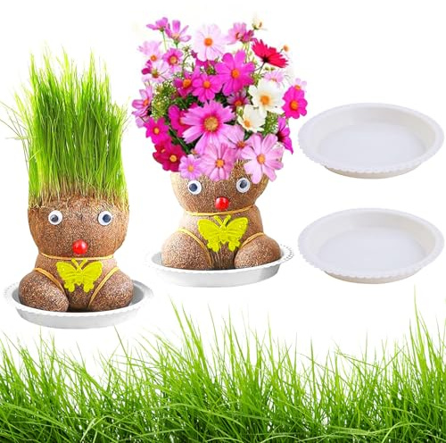 ZDNT 2 Stück Graskopf Wachsende,Graskopf Puppenpflanze,Wachsende Graskopf Puppenpflanze,Blumenkopf Graskopf,Grass Head Doll Bonsai Growing Plants,Mini Bonsai Gras Kopf Figure Puppen Für Schlafzimmer