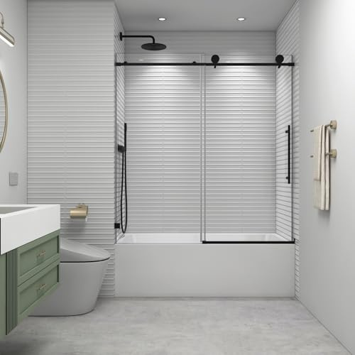 EPXMKX 55-60 W x 63 H Frameless Single Sliding Bathtub Shower Door,Soft Closing & Water Repellent,5/16(8mm) Tempered Glass with Nano Explosion-Proof Film,Matte Black Tub Enclosure