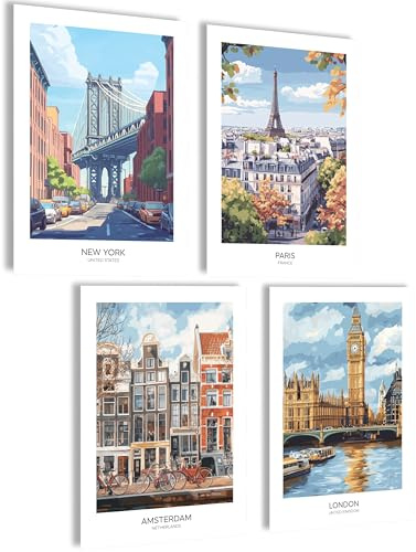 Mojoliving Set di immagini Londra Amsterdam Parigi New York Poster Inghilterra USA Estetico Retro Decorazione da parete Soggiorno Bagno Holland Francia
