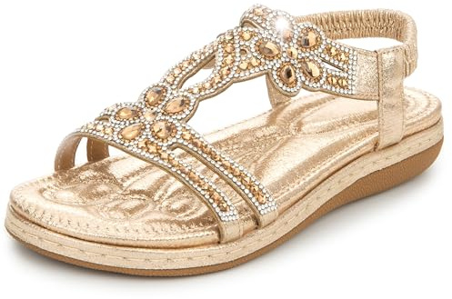 Wiradoo Women's Comfortable T-Strap Sandals - Extra Cushioned Bohemian Flat Shoes with Rhinestones & Beads for Walking, Beach, Wedding Gold-10