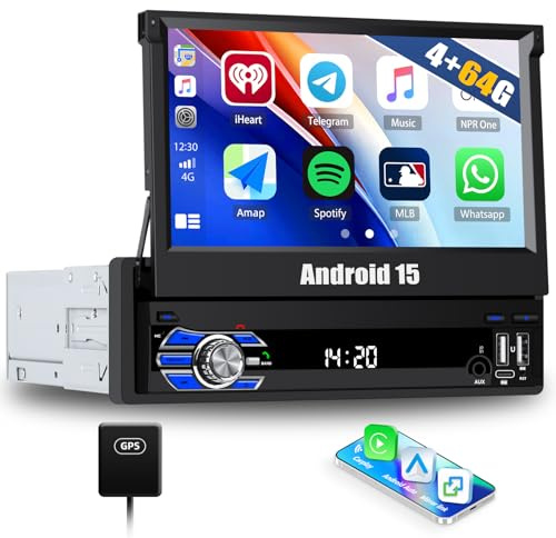 4+64G Android 15 CAMECHO Autoradio 1 DIN Carplay Inalámbrico Pantalla Táctil de 7 Pulgadas Navi Radio Retráctil Pantalla Manual con Bluetooth Android Coche GPS WiFi DSP FM/RDS Espejo Enlace SWC