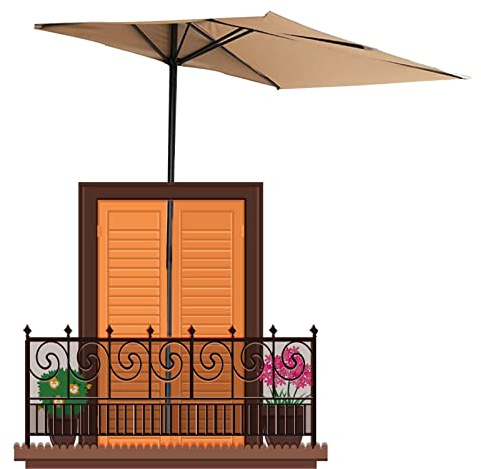 HADECOLL Ombrellone da Giardino Piccolo da Balcone, Altezza Regolabile, 5 Stecche in Acciaio, Struttura in Metallo, con Base, 250 X 130 Cm, Colore Cachi