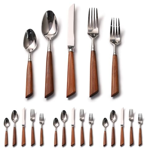 Couverts de Cuisine en Bois de Cannelle, argenterie en Acier Inoxydable, Couverts de Table Comprenant des Ensembles de cuillères, Couteaux et fourchettes, Poli Miroir (Argent, 20 p
